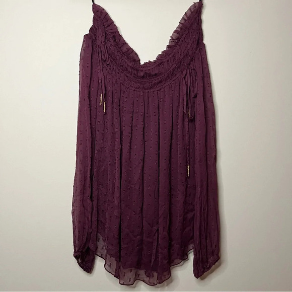 ANTHRO RAHI CALI Off Shoulder Clip Dot Sheer Gold Ties Longsleeve Blouse Top - Picture 2 of 11